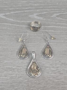 Artist Justin Morris, Navajo, 12K GF Sterling Silver Earrings, Ring, Pendant Set